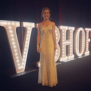 Elegant, stunning silver & gold sequined gown